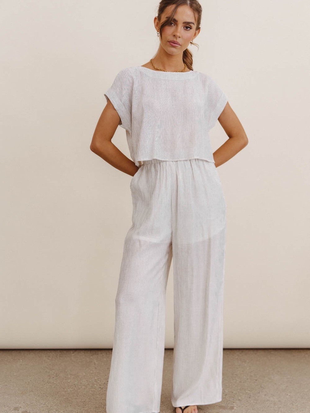 Blu Pepper Courtney Striped 2 Piece Crop Top Wide Leg Pants Set S